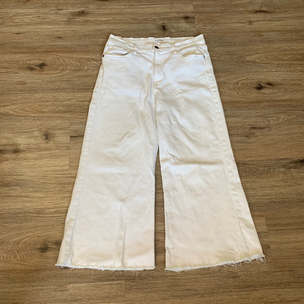 Frame Denim Le Palazzo High Rise Wide Leg Jeans Blanc White Raw Hem 30 LPPREC711